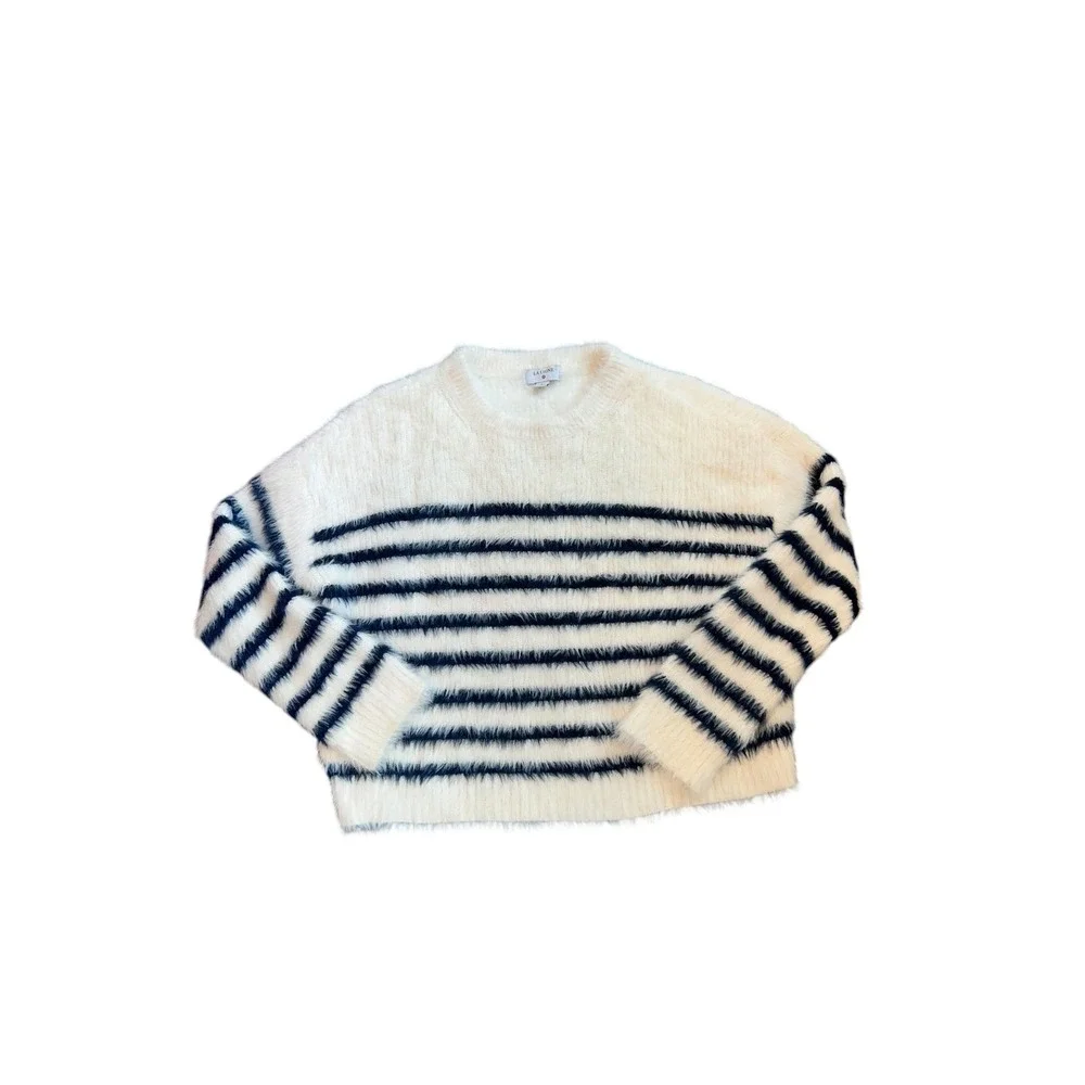 La Ligne x Target Fuzzy Yarn Striped Sweater Relaxed Fit Cream Navy Blue Size M
